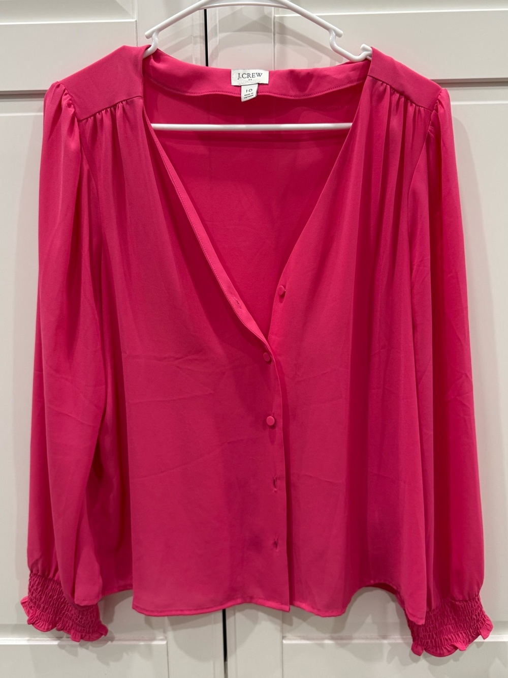 J. Crew Hot Pink Button-Front V-Neck Blouse